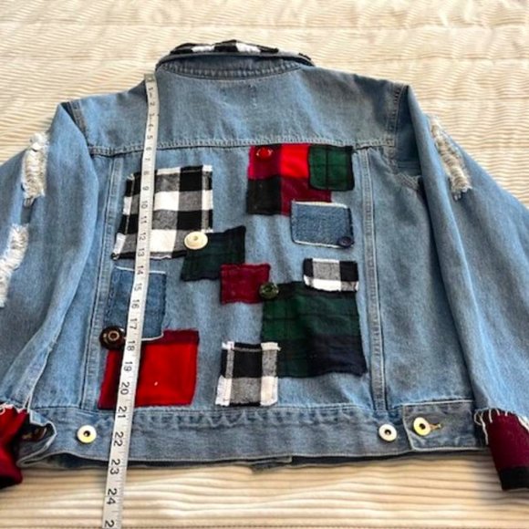 Women's Love Tree Denim distressed reworked embellished Denim Jacket size Small - Picture 1 of 7